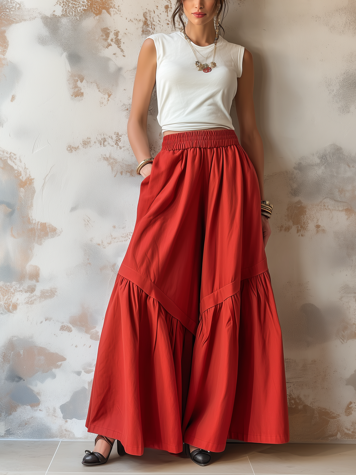 Red Tiered Wide-Leg Palazzo Pants with Elastic Waist and Pockets