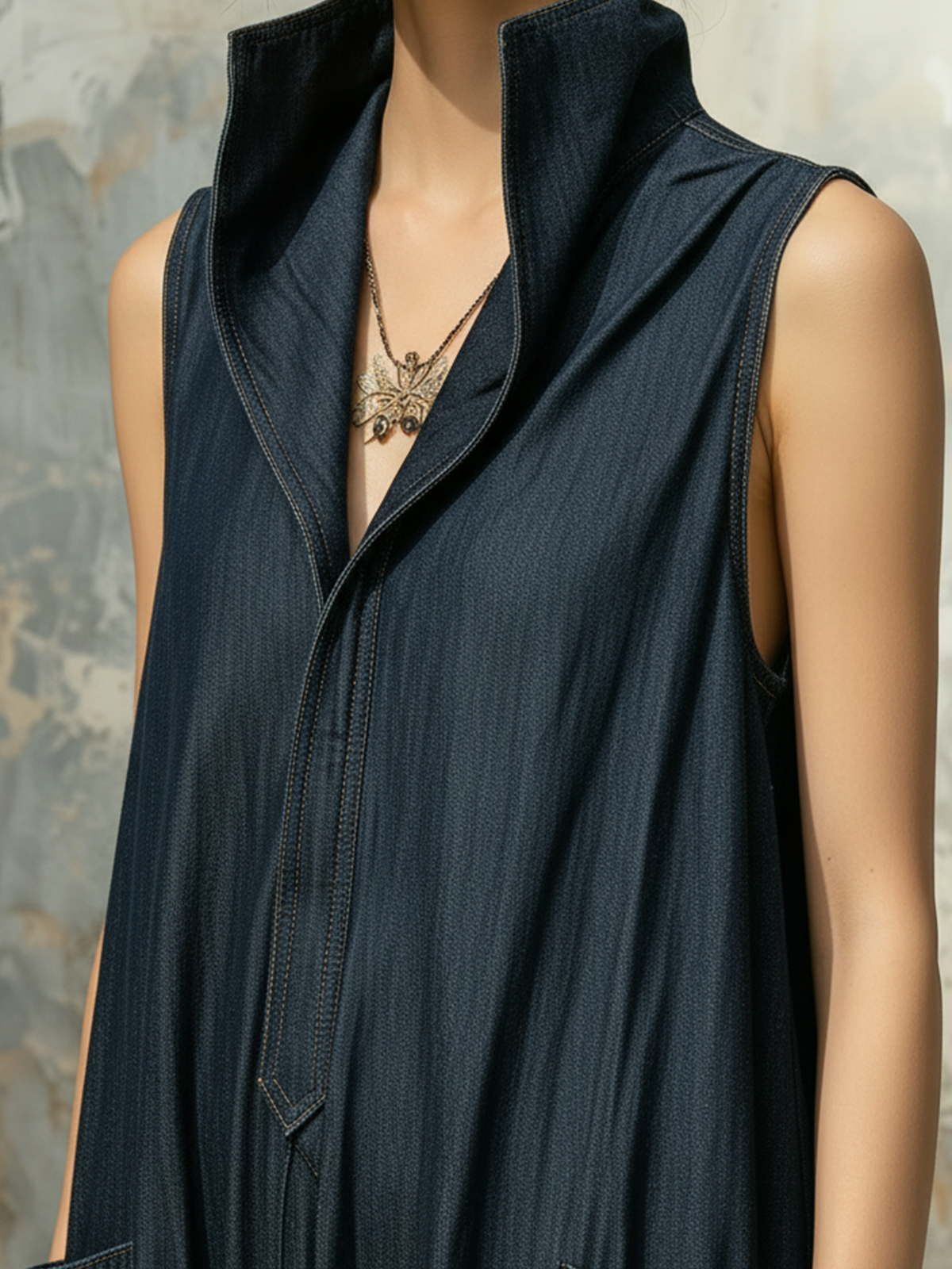 Dark Blue Denim Sleeveless Oversized Wide-Leg Jumpsuit