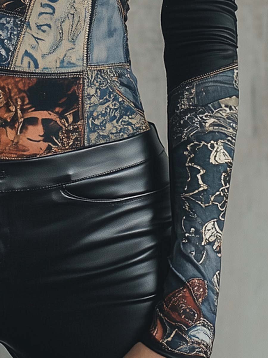 Patchwork Graphic Printed Long-Sleeve T-Shirt