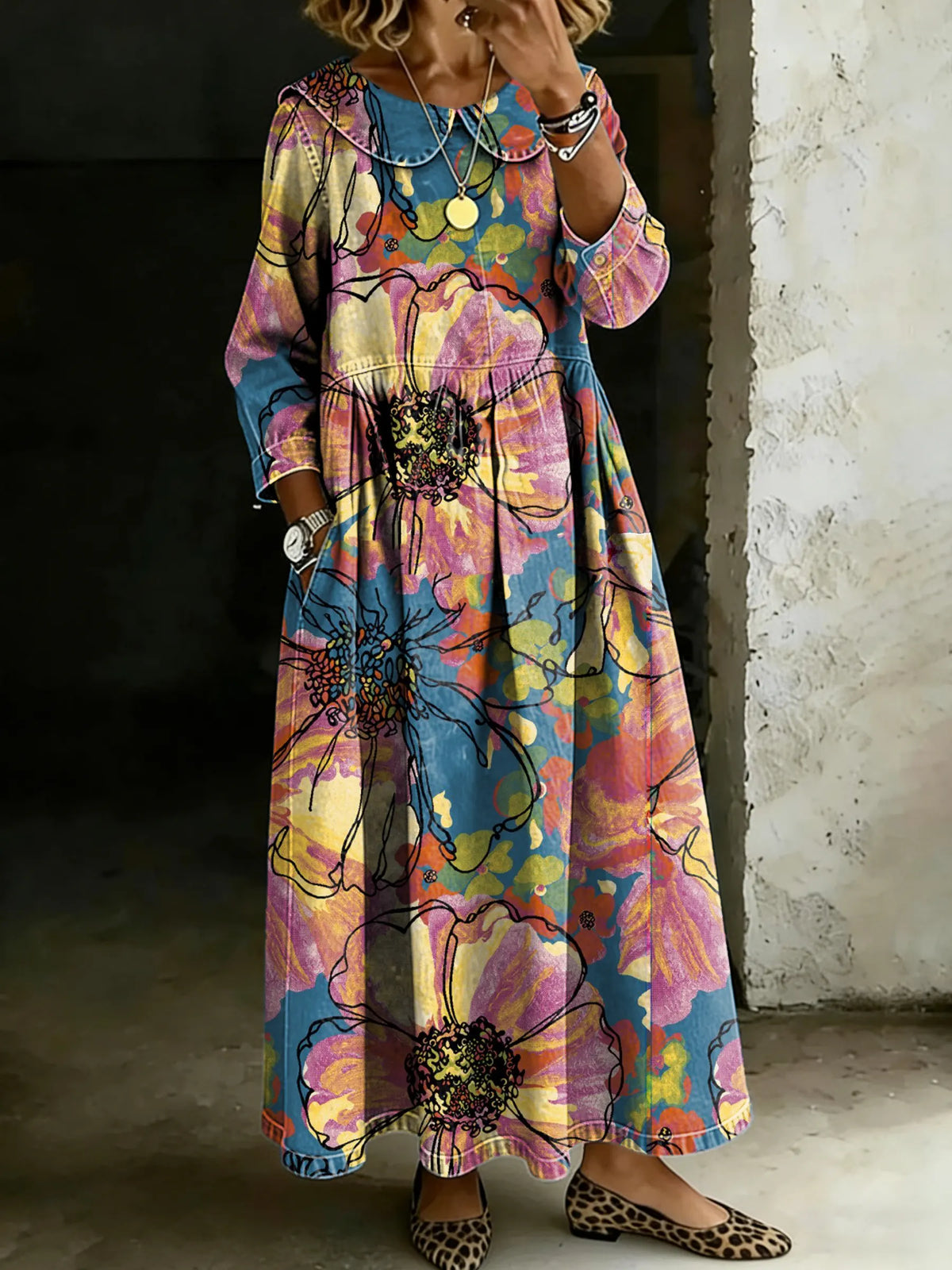 Retro Multicolor Floral Splicing Long-Sleeved Loose-Fitting Casual Denim Dress