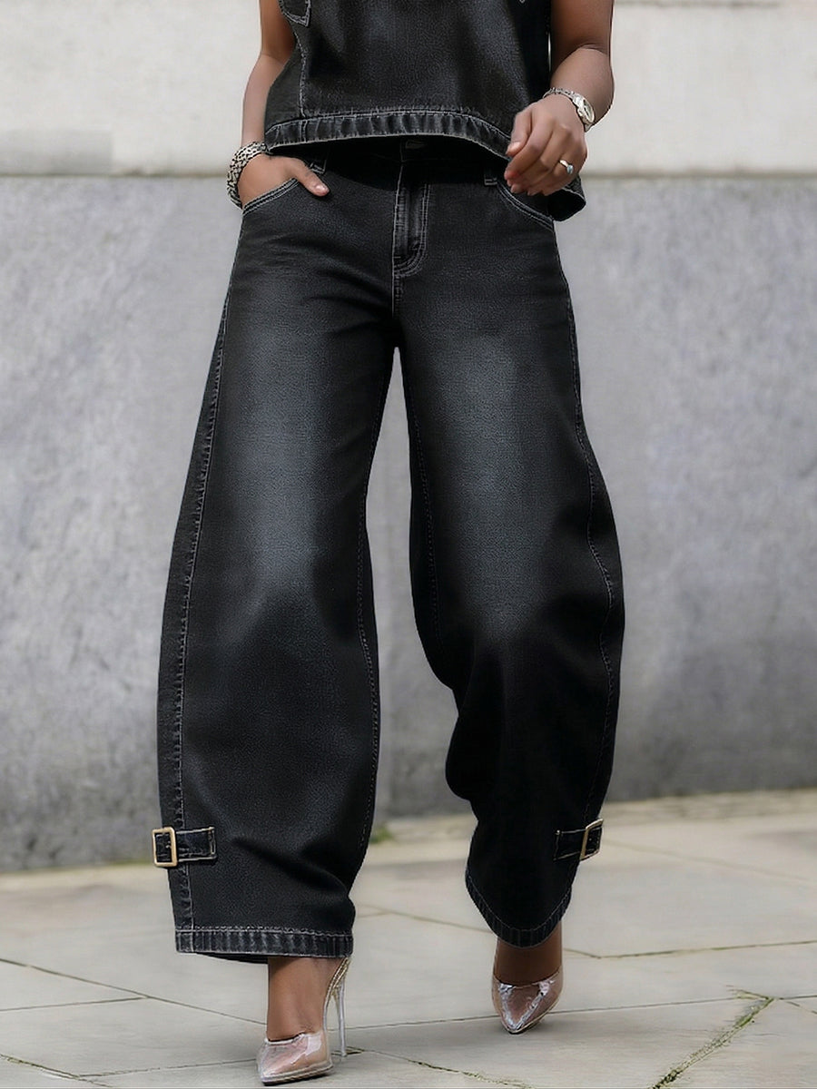Stylish Casual Strap Detail Loose H-Line Jeans