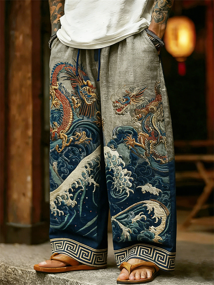 Men's Japanese Dragons and Sea Waves Art Linen Pants
