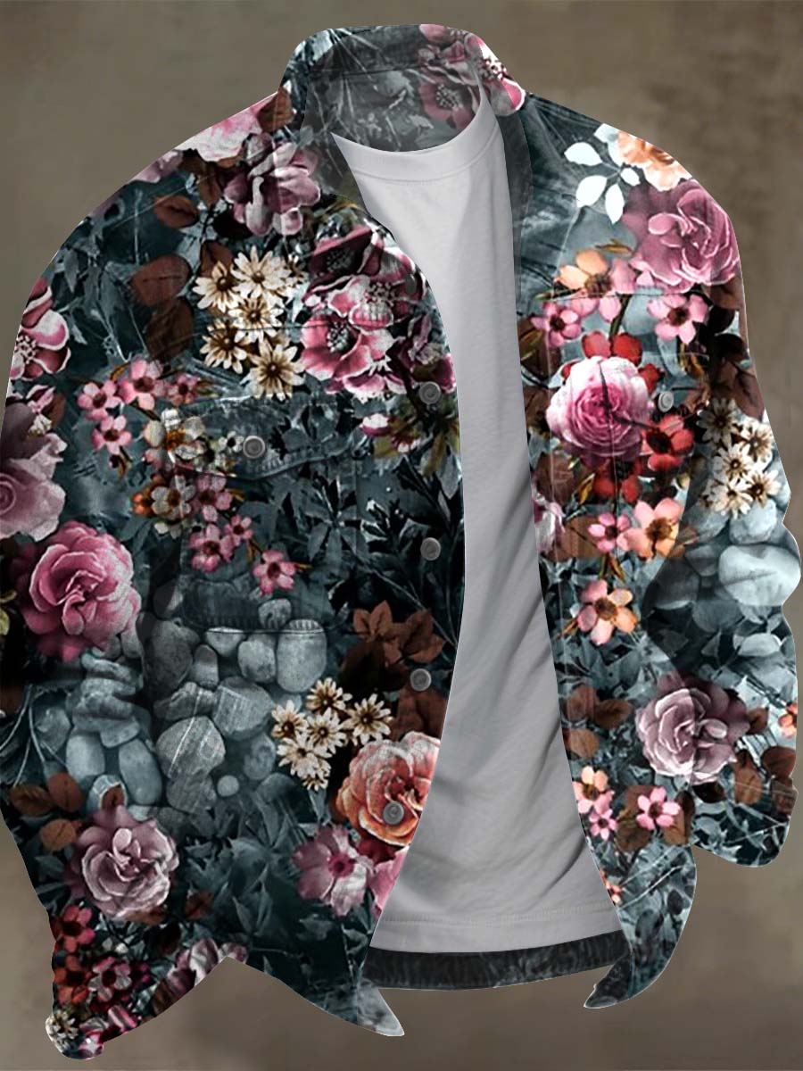 Vintage Floral Print Casual Denim Jacket