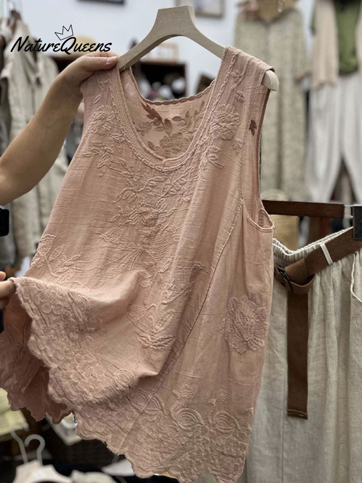 Vintage Lace Sleeveless Cotton and Linen Vest Top
