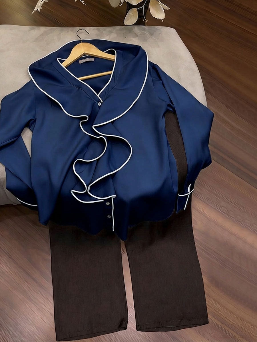 V-Neck Long-Sleeve Loose-Fit Top and Elastic-Waist Wide-Leg Pants Set