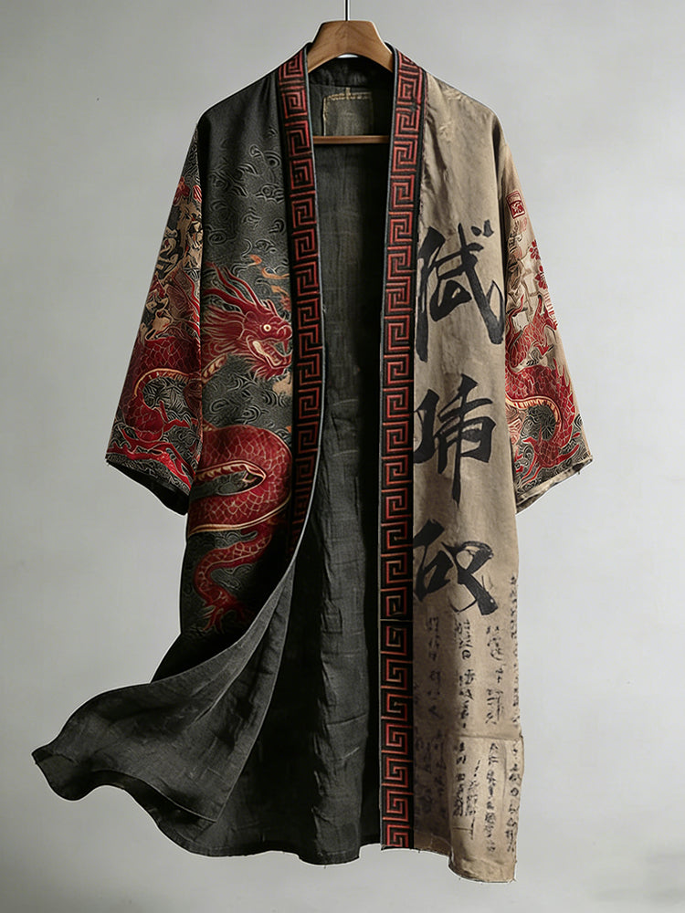 Retro Calligraphy and Dragon Pattern Linen Long Kimono