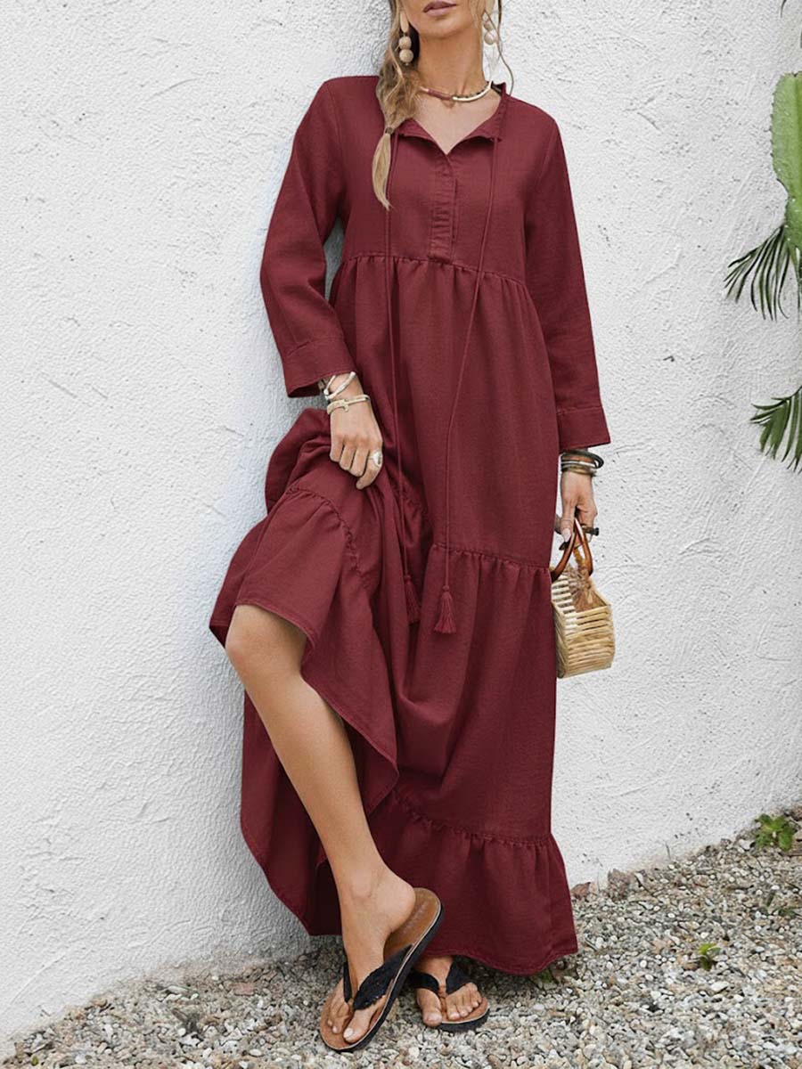 Solid Color Round Neck Long-Sleeve Casual Loose Cotton Linen Dress