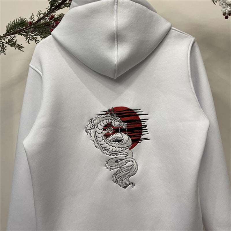 Men's Japanese Dragon Sunrise Embroidered Cozy Hoodie