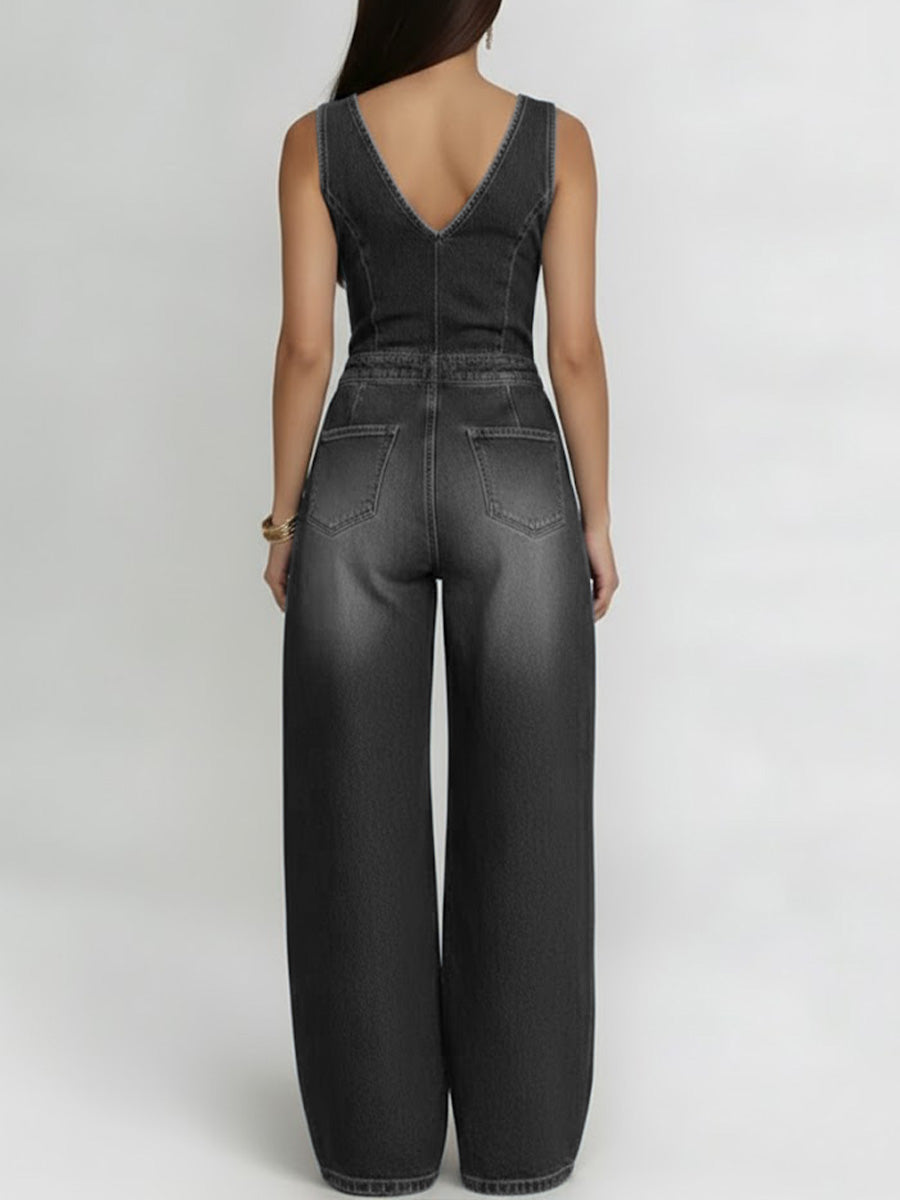 V-Neck Sleeveless Casual Loose Denim Wide-Leg Jumpsuit