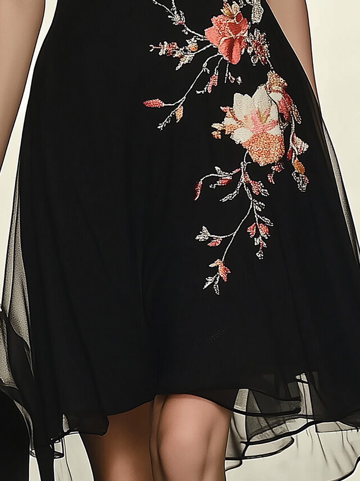 Chic Black Chiffon Dress with Floral Embroidery