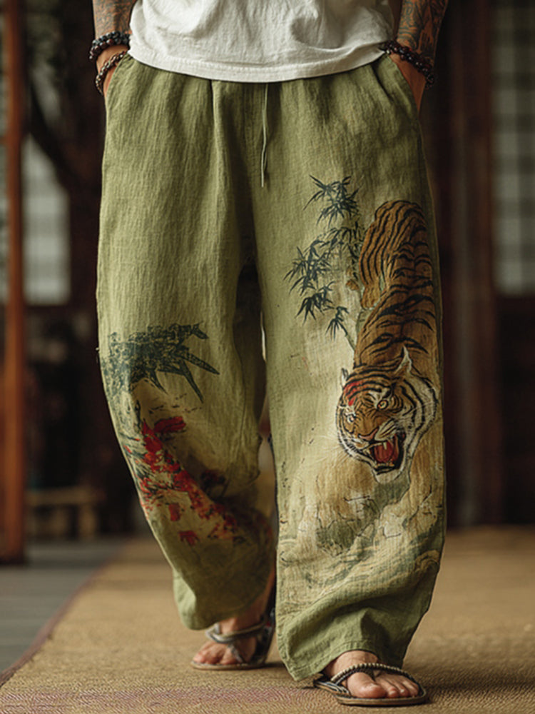 Men's Japanese Tiger and Bamboo Pattern Contrast Wide-Leg Linen Pants