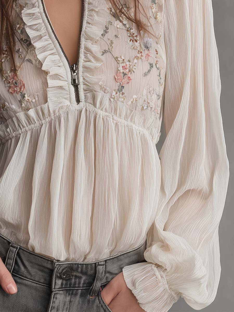 Bohemian Embroidered Ruffled Chiffon Blouse