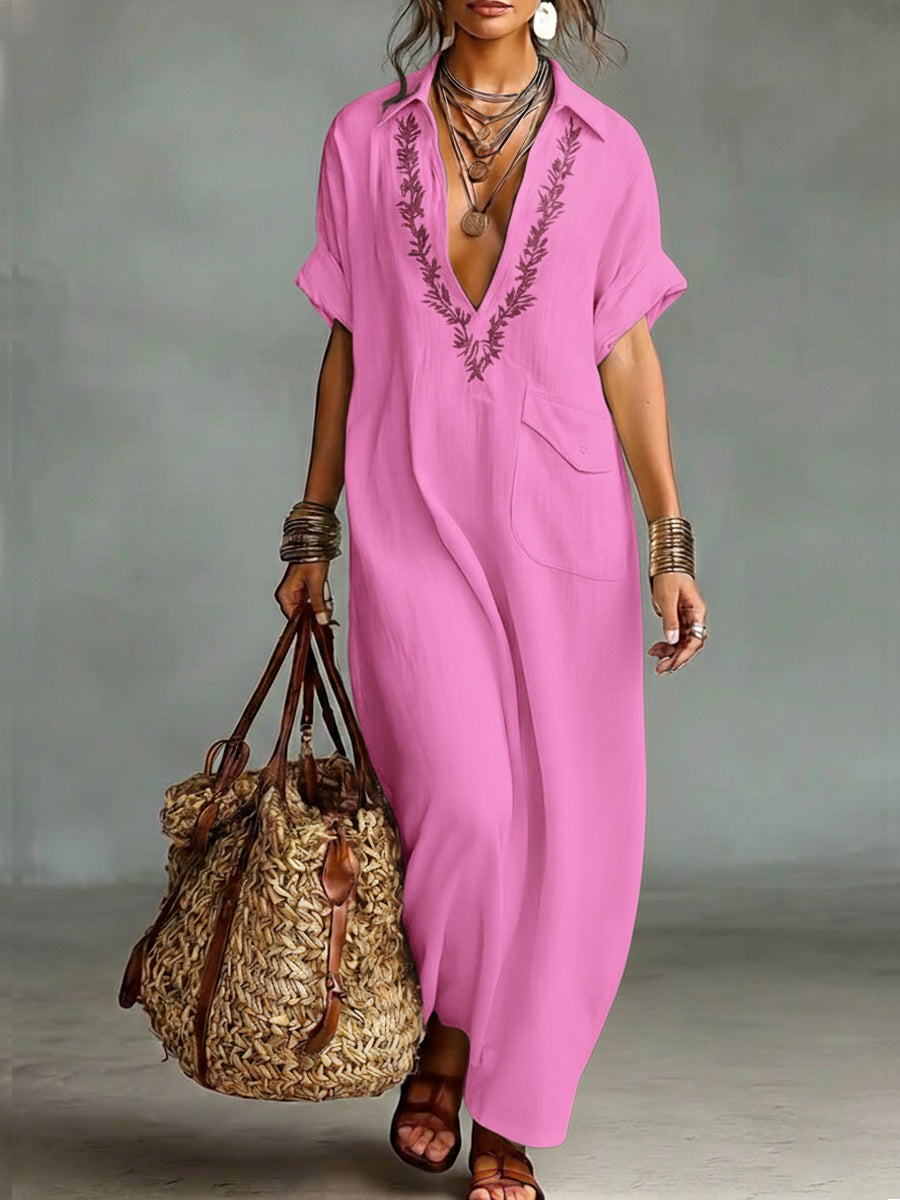 Loose-Fitting V-Neck Linen and Cotton Dress