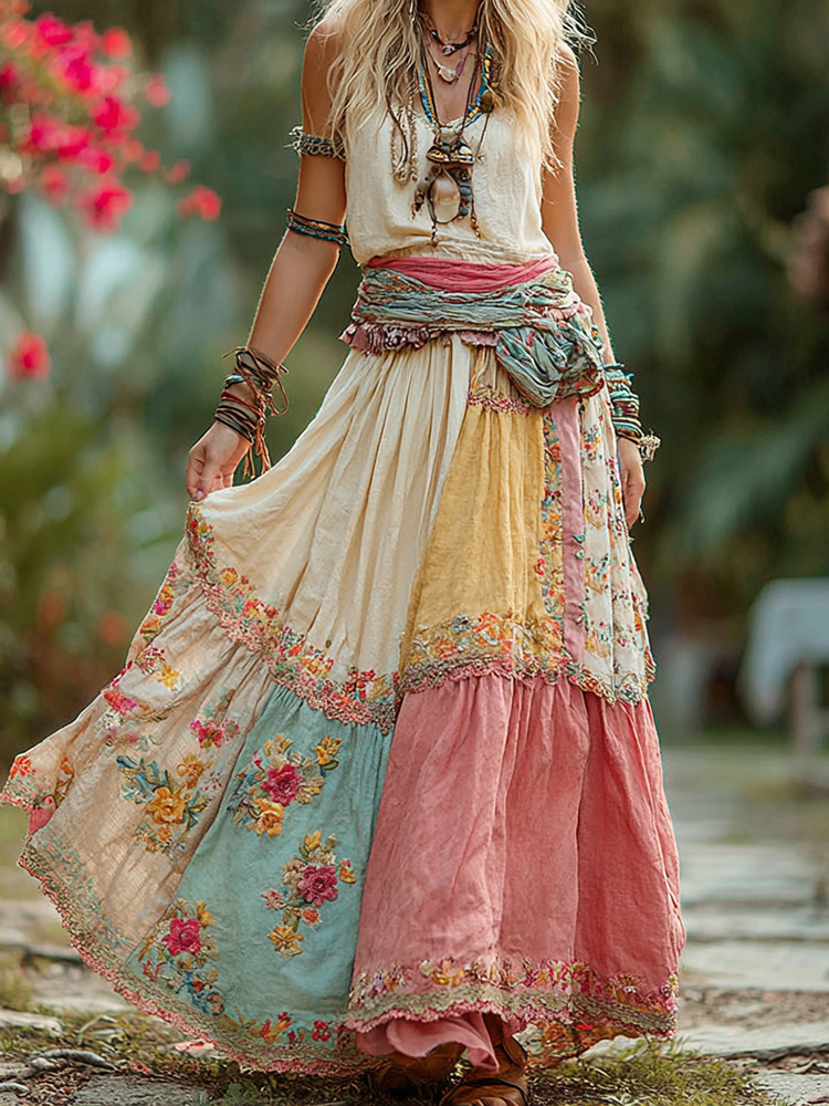 Vintage Bohemian Floral Embroidery Skirt