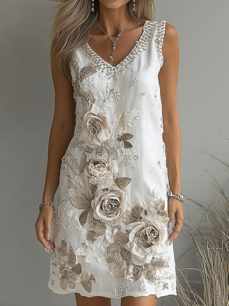 Vintage Rose Art V-Neck Sleeveless Mini Dress