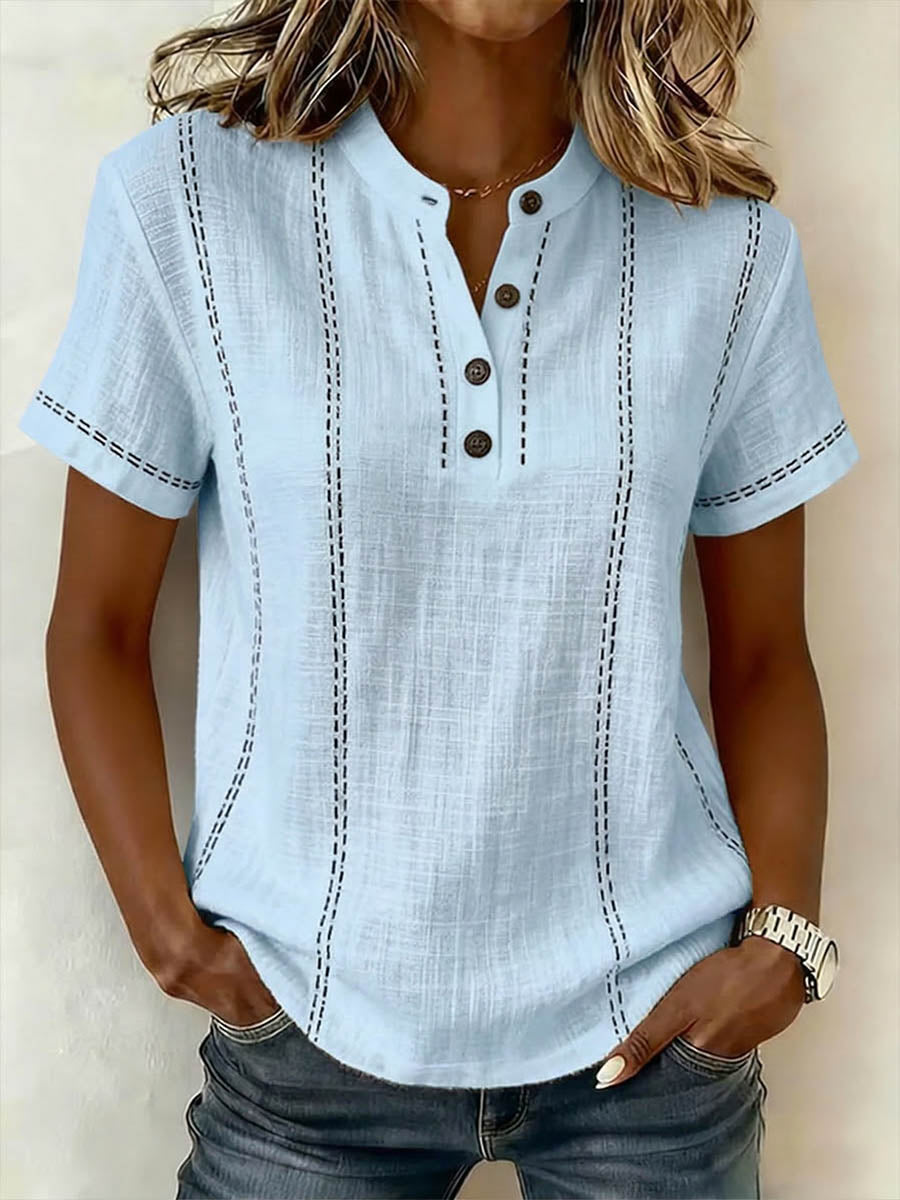 V-Neck Short-Sleeve Casual Loose Cotton-Linen Top