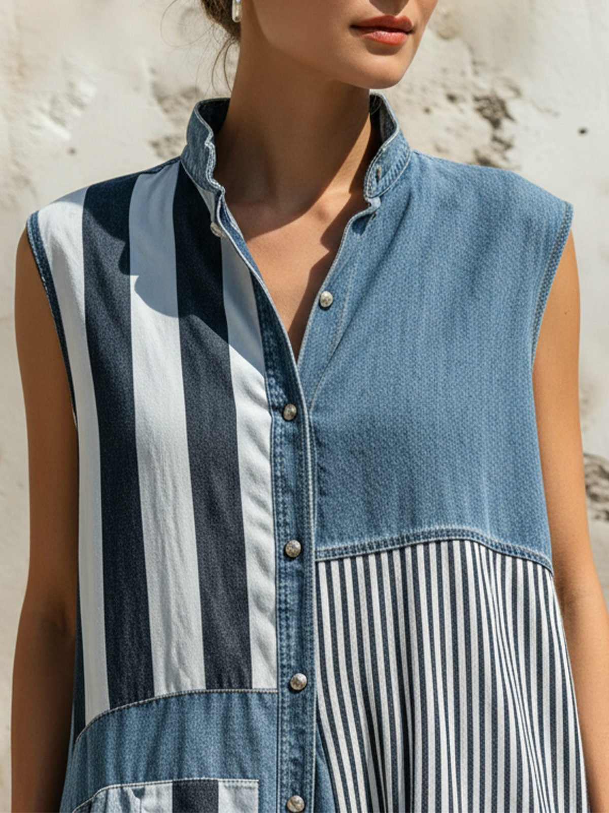 Patchwork Denim and Stripe Sleeveless Maxi Dress Stand Collar