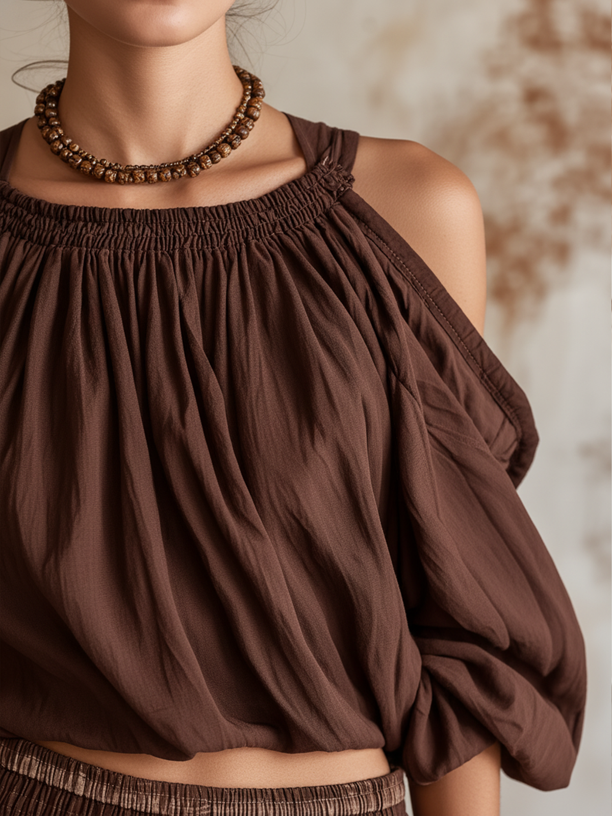 Chocolate Brown Plaid Cold-Shoulder Top and Harem Pants Loungewear Set
