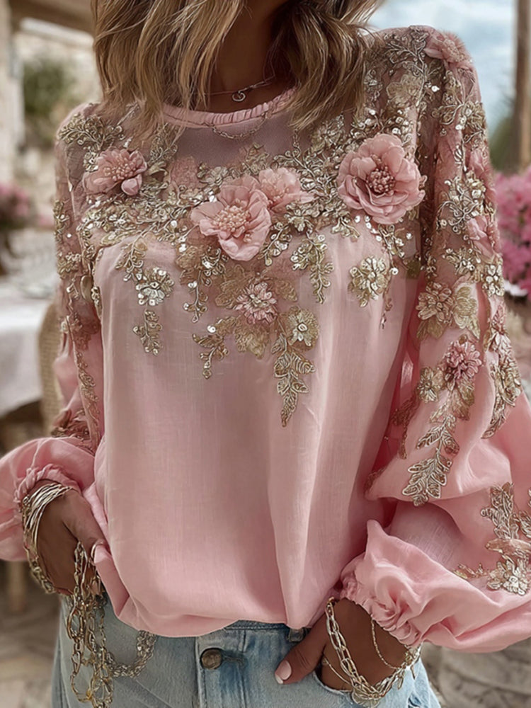 Elegant Pink Flower Embroidery Art Round Neck Long-Sleeve T-Shirt