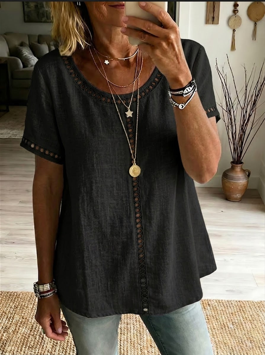 Cozy and Casual Patchwork Linen and Cotton Top with Openwork Weave