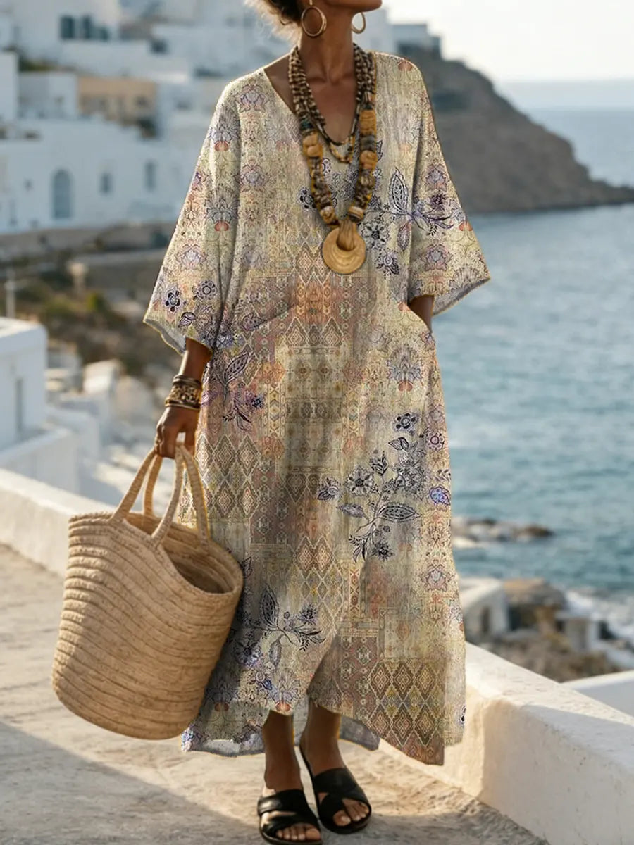 Vintage Floral Pattern Art Print Casual Cotton Dress