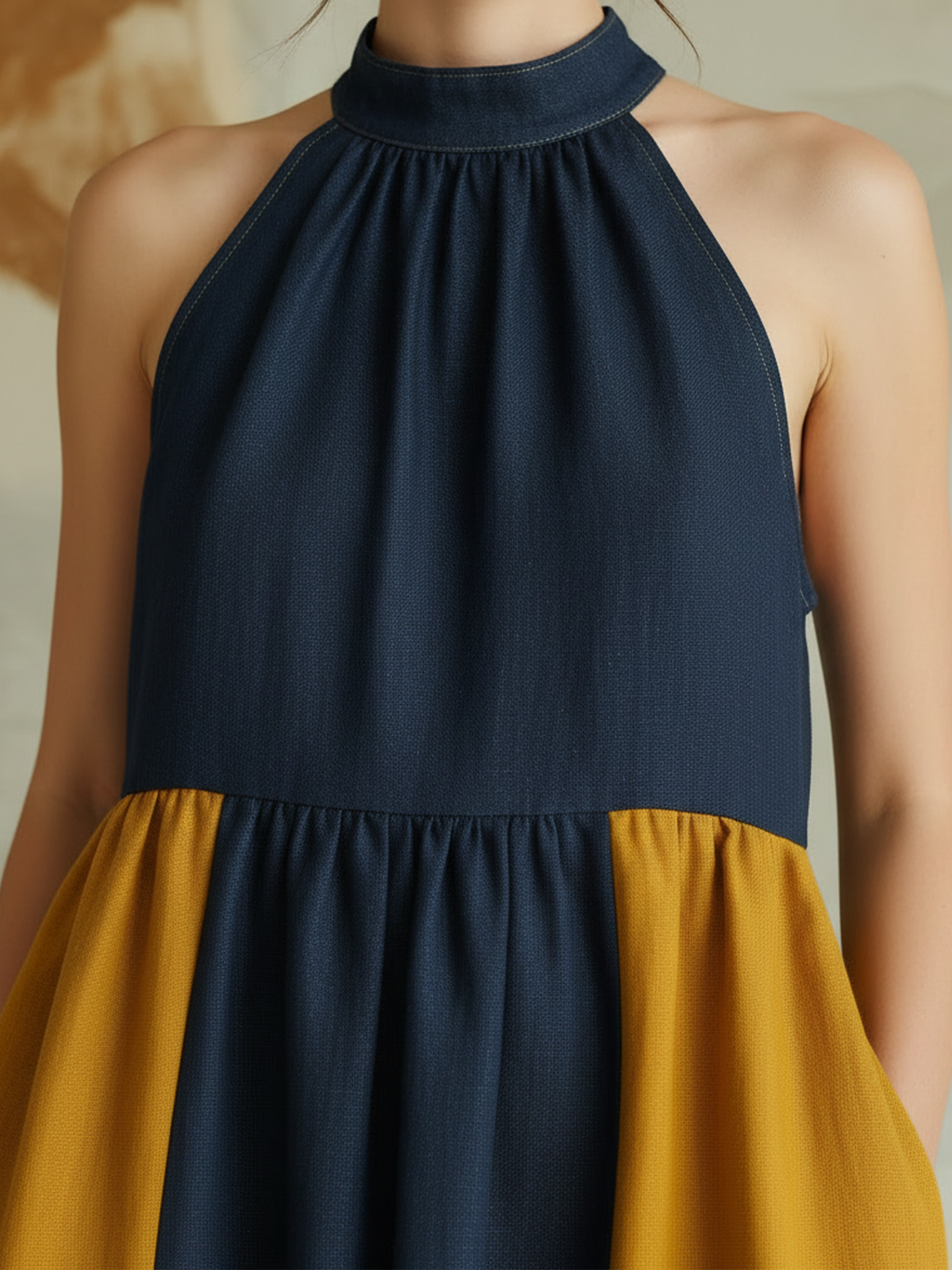 Halter Neck Colorblock Denim Maxi Dress