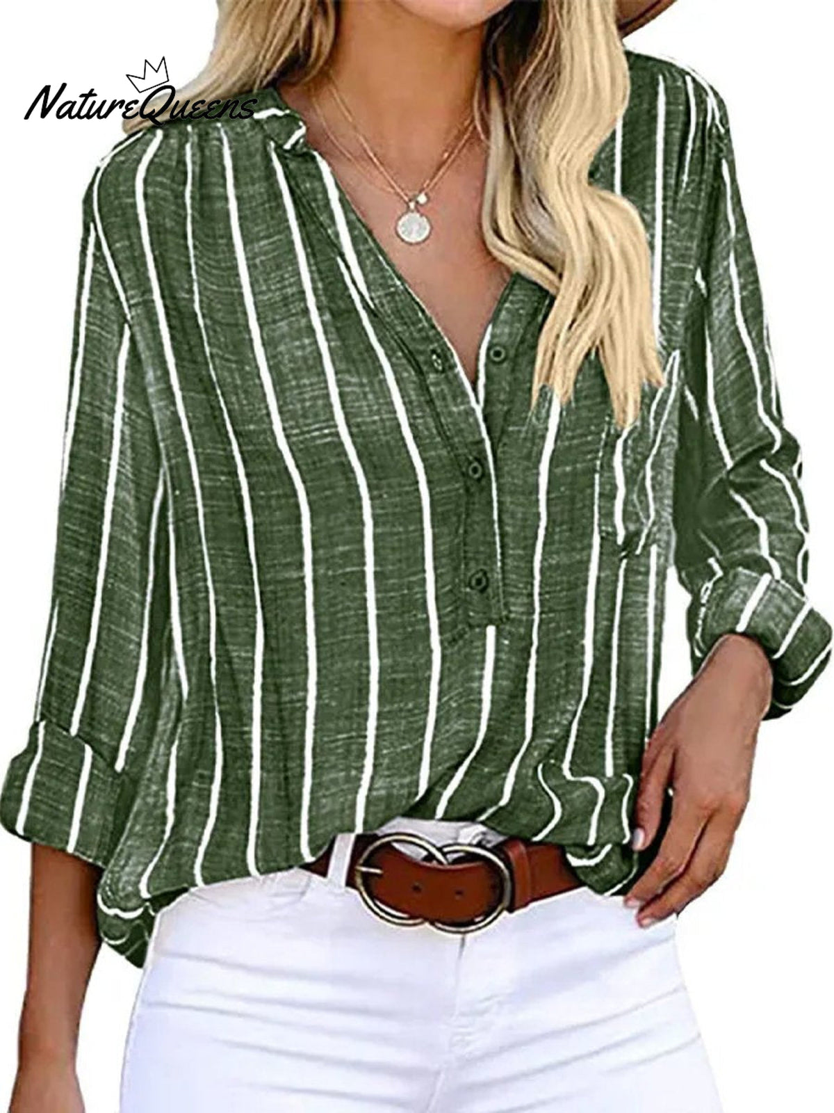 Long-Sleeve Blouse Fashion V-Neck Stripe Shirt