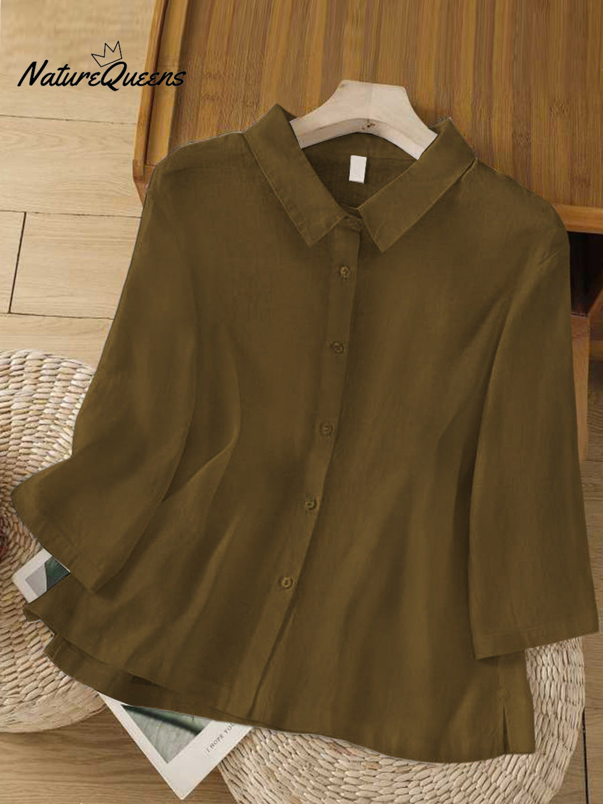 Solid Color Lapel 3/4 Sleeves Casual Linen Shirt