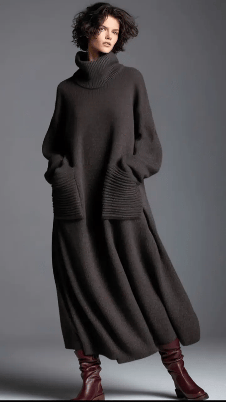 Solid Color High-Neck Long-Sleeve Casual Loose Knit Dress