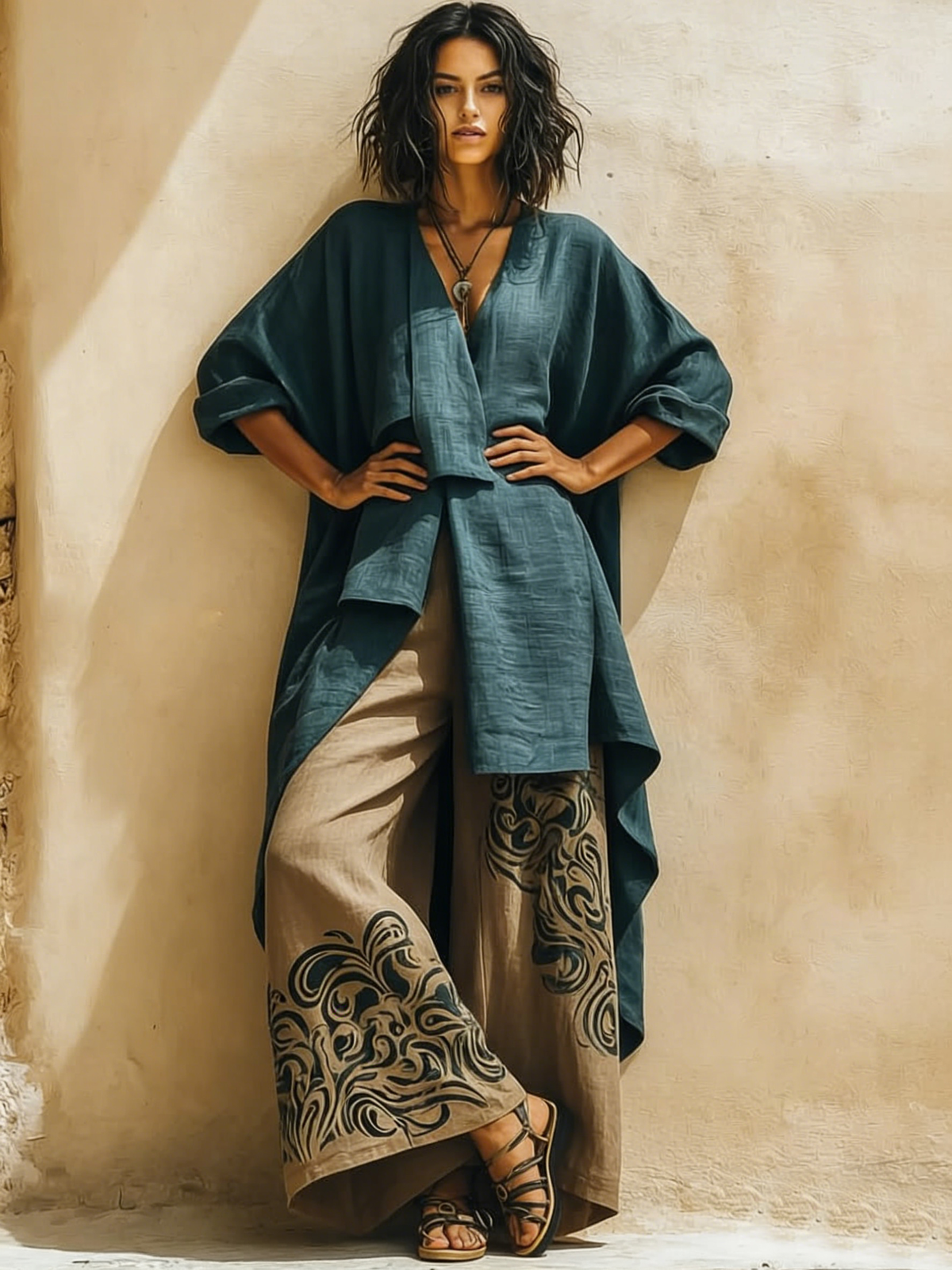 Boho Artistic Cut Long Shirt and Wide-Leg Pants Cotton Linen Two-Piece Set