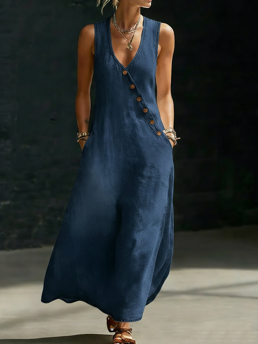Minimalist Button-Up V-Neck Denim Dress