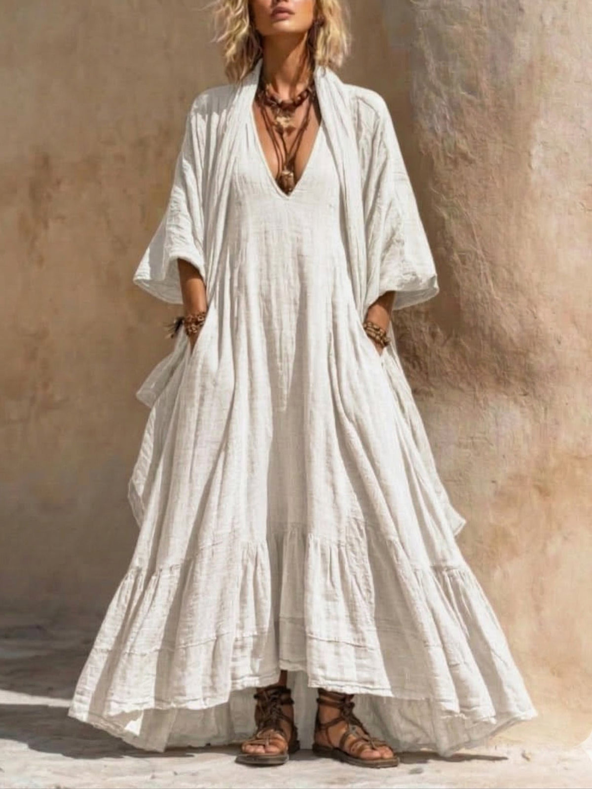 Bohemian Romantic Dress Cardigan Cotton Linen Two-Piece Set