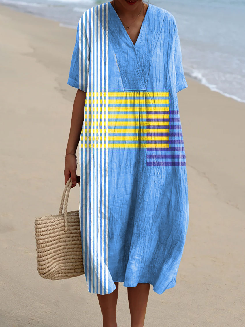 Colorful Abstract Geometric Stripes Art Print Casual Cotton and Linen 3/4-Sleeve Shirt