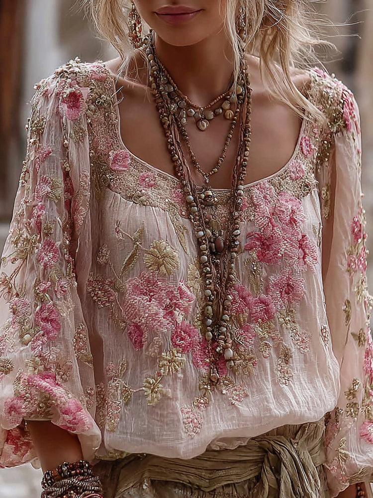 Vintage Floral Pattern Casual V-Neck Shirt