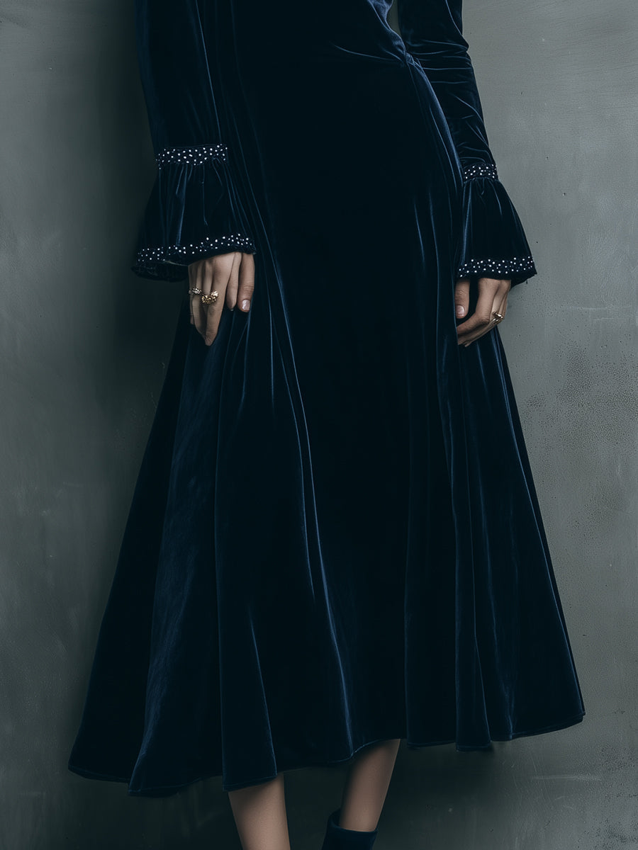 Quiet Luxury Velvet Rhinestone Bell Sleeve Midi Dress