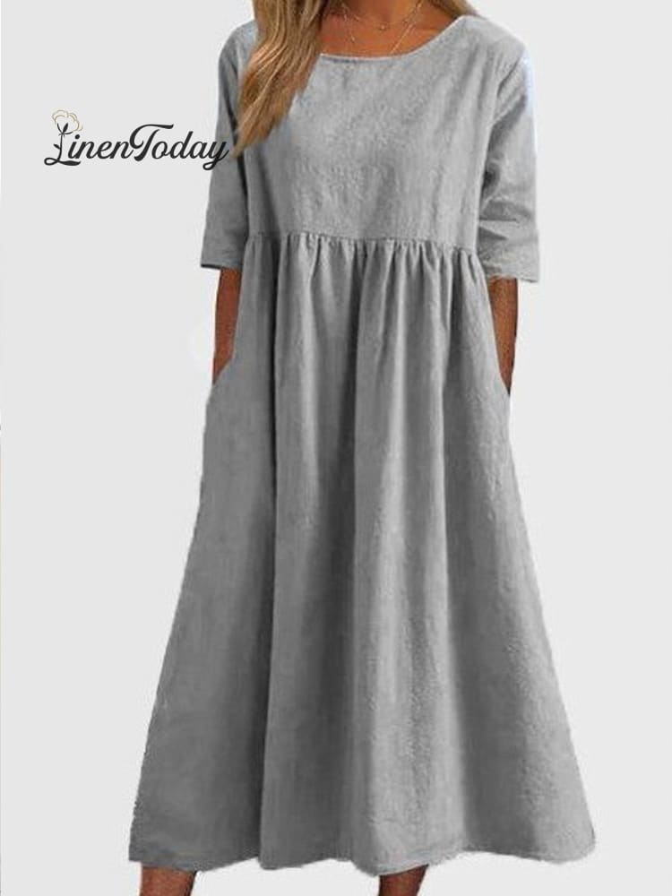 Cotton and Linen Casual Short-Sleeve Pocket Pleated Loose Round Neck Dress