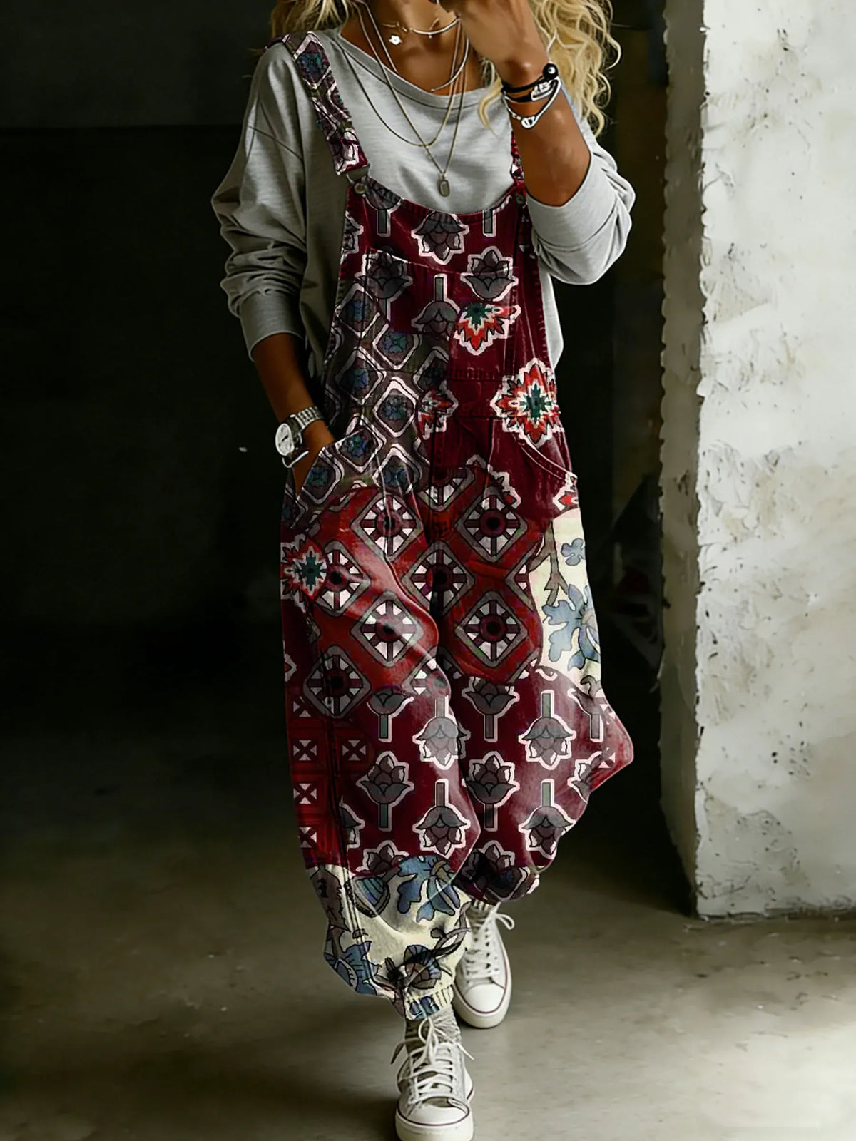 Vintage Ethnic Totem Art Print Casual One Piece Denim Jumpsuit