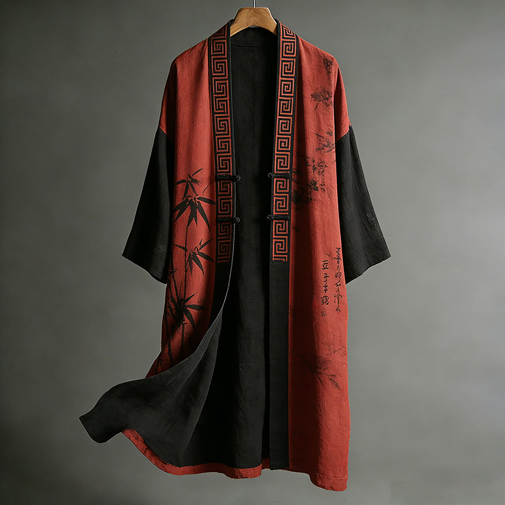 Japanese Art Ink Bamboo Print Colorblock Kimono
