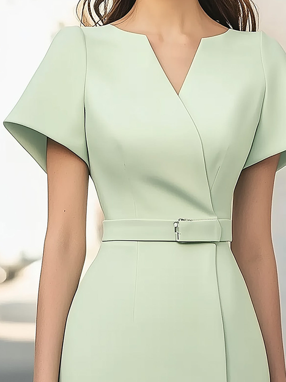 Elegant Mint Green Satin Short-Sleeve Dress with Waist Belt