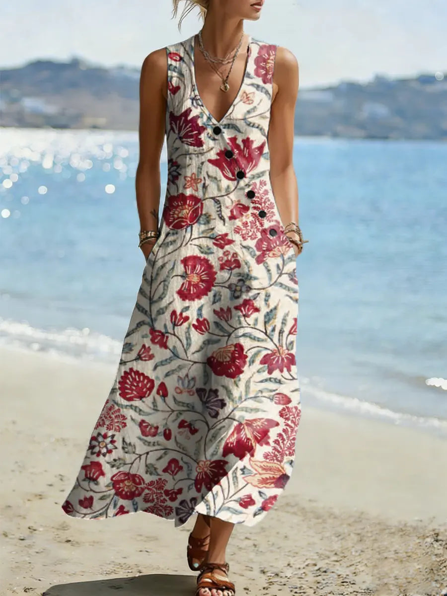 Floral Pattern Art Print Casual Cotton Linen Dress