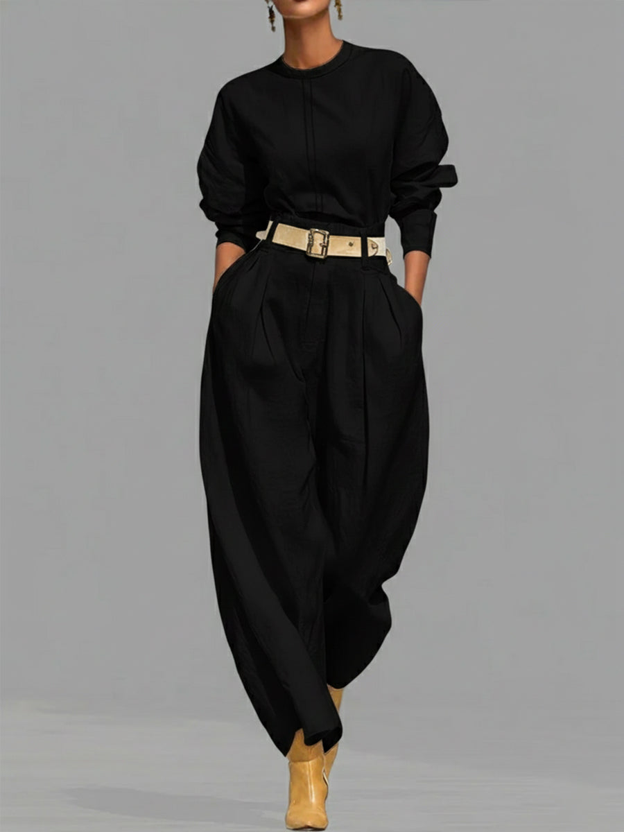 Casual Linen and Cotton Crew-Neck Shirt and High-Waisted Tapered Trousers Two-Piece Set