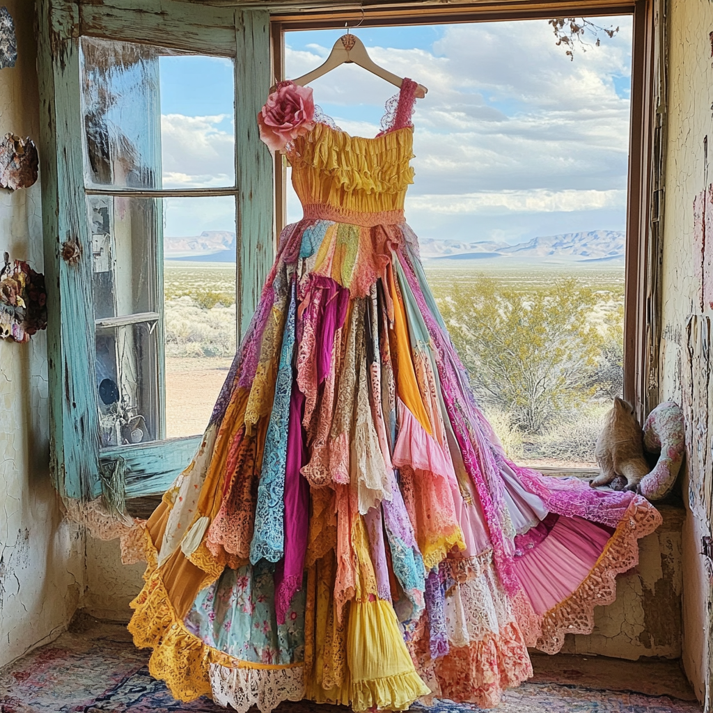 Windowsill Summer Romantic Lace Ruffle Rainbow Maxi Dress 3ff2