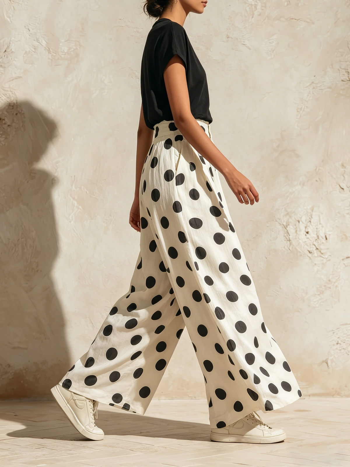 Cream Polka Dot Wide-Leg Palazzo Pants with High-Waisted, Flowy and Versatile