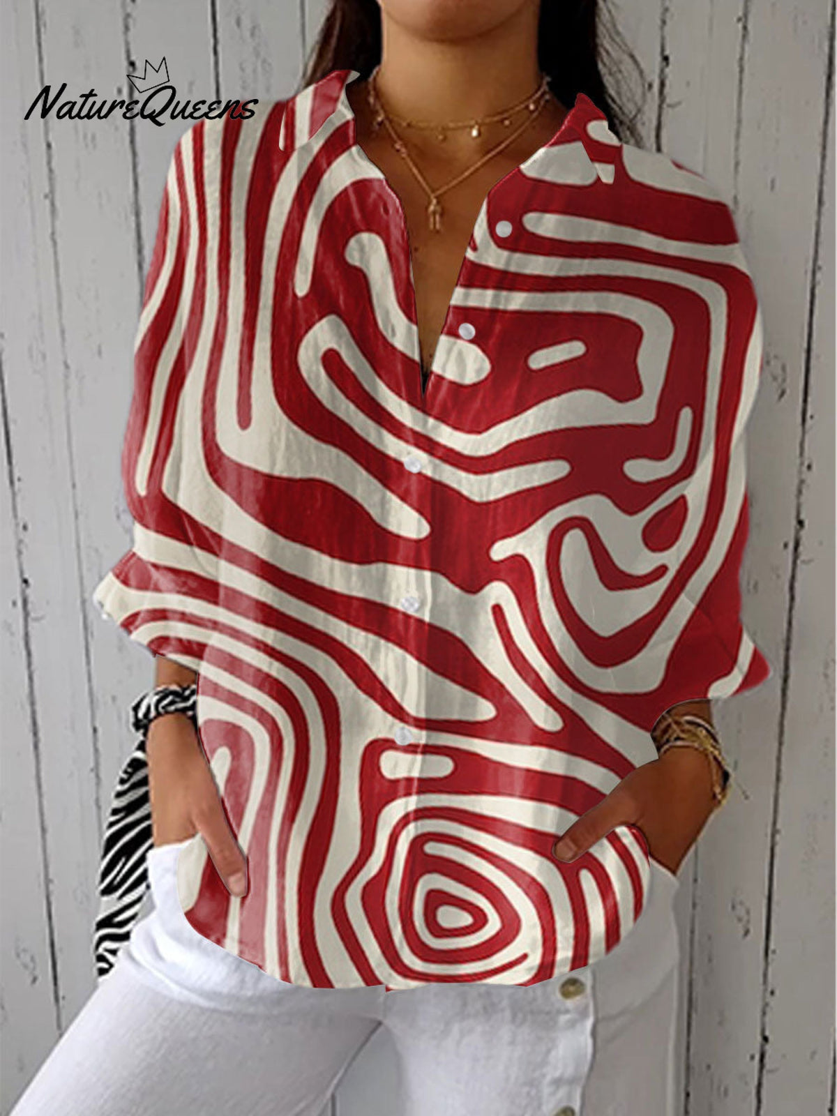Vintage Abstract Geometric Art Print Casual Linen V-Neck Shirt