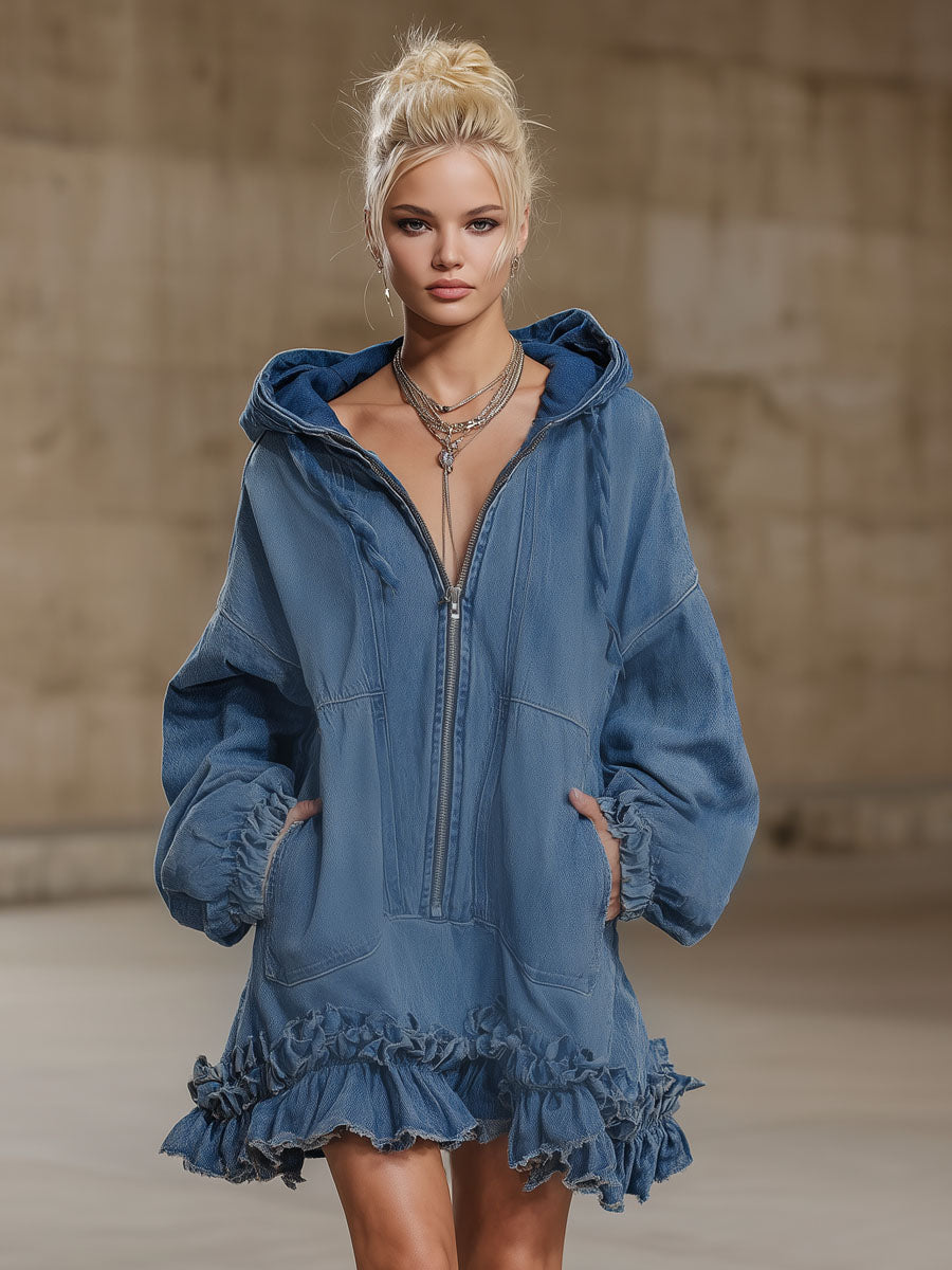 Double-Pocket Ruffled Hooded Long-Sleeved Denim Mini Dress