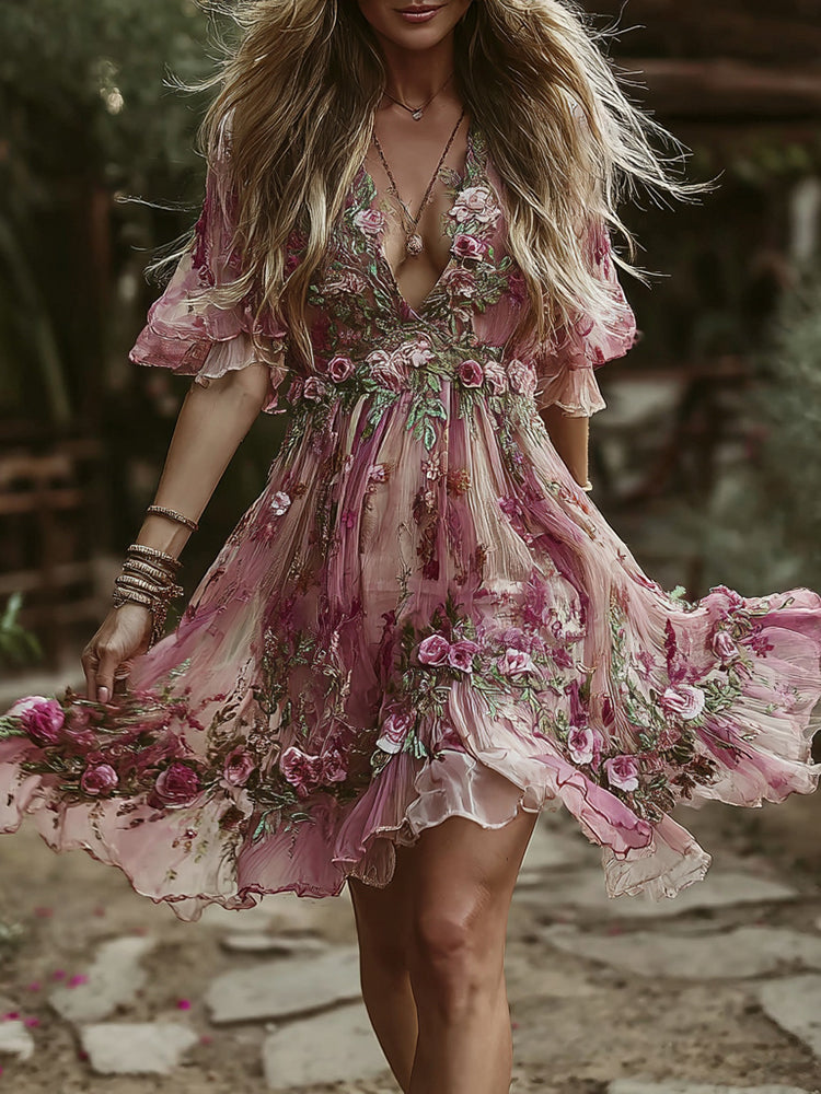 Vintage Rose Floral Embroidery Casual Short-Sleeve Dress