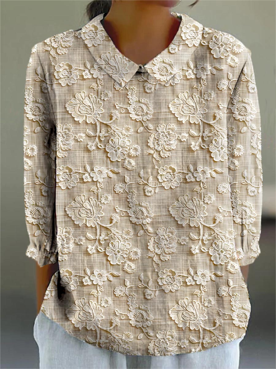Vintage Floral Art Print Casual Cotton and Linen 3/4-Sleeve Shirt