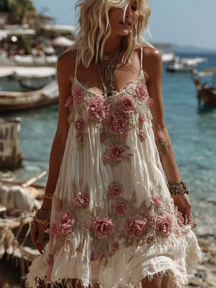 Vintage Floral Embroidery Art Comfy Linen Mini Dress