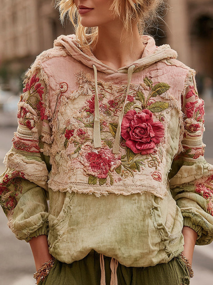 Retro Floral Colorblock Casual Comfort Hooded Sweatshirt