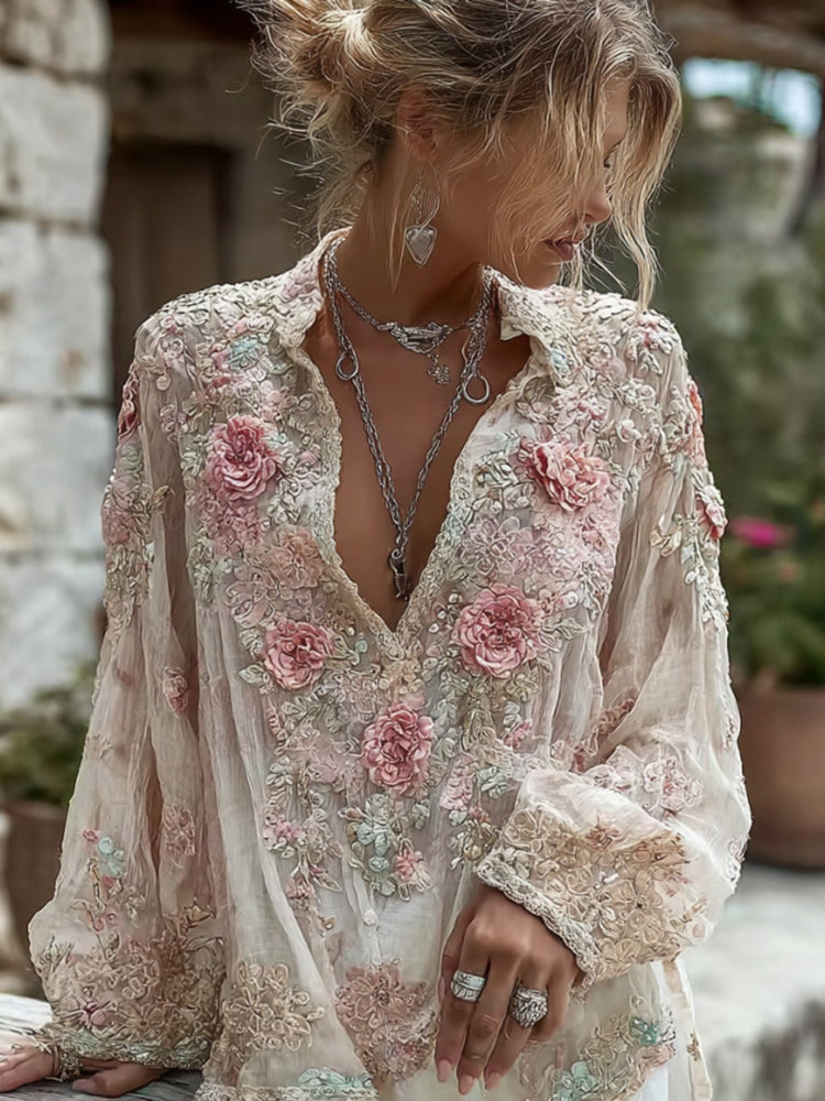 Pink Rose Embroidery Art V-Neck Long-Sleeve Linen Blend Blouse